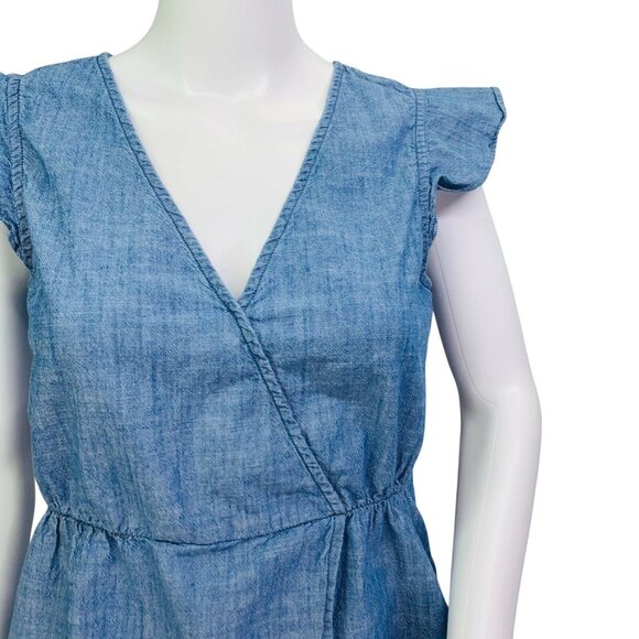 J by J.Crew Womens Chambray Wrap Style Top Size 4 Blue Cotton Flutter Sleeve - Picture 4 of 10